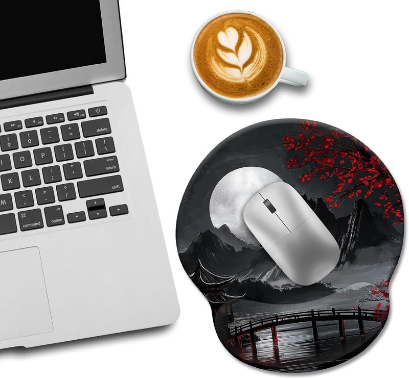 LIMKRIAN Japanese Mouse Pad with Wrist Rest, Full Moon Ergonomic Mouse Pad Wrist Support with Non-Slip Pain Relief PU Base, Funny Computer Mousepad, Japanese Style Office Home Desk Accessories Decor - Image 3
